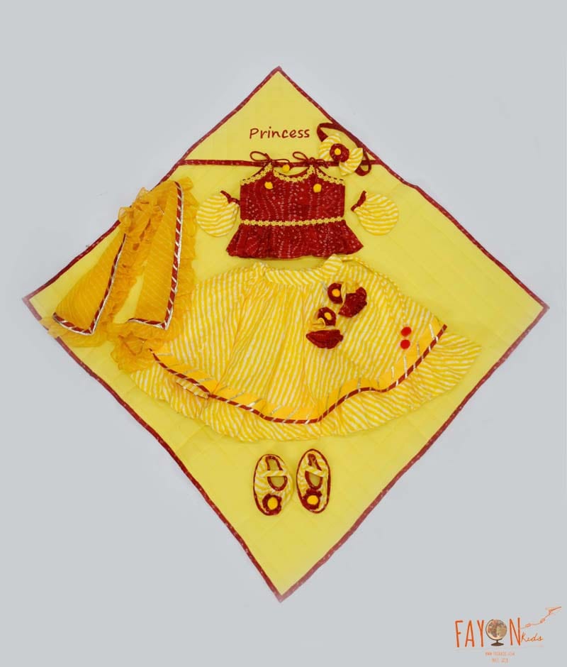 Manufactured by FAYON KIDS (Noida, U.P) Red Bandhej Choli with Yellow Lehenga Jamna for Girls