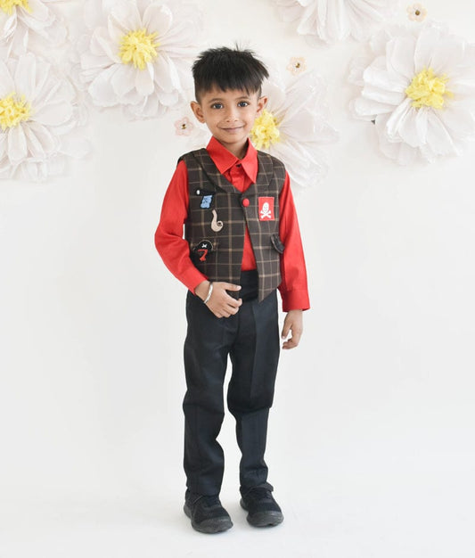 Manufactured by FAYON KIDS (Noida, U.P) Red Shirt with Brown Checks Waist Coat and Pant for Boys