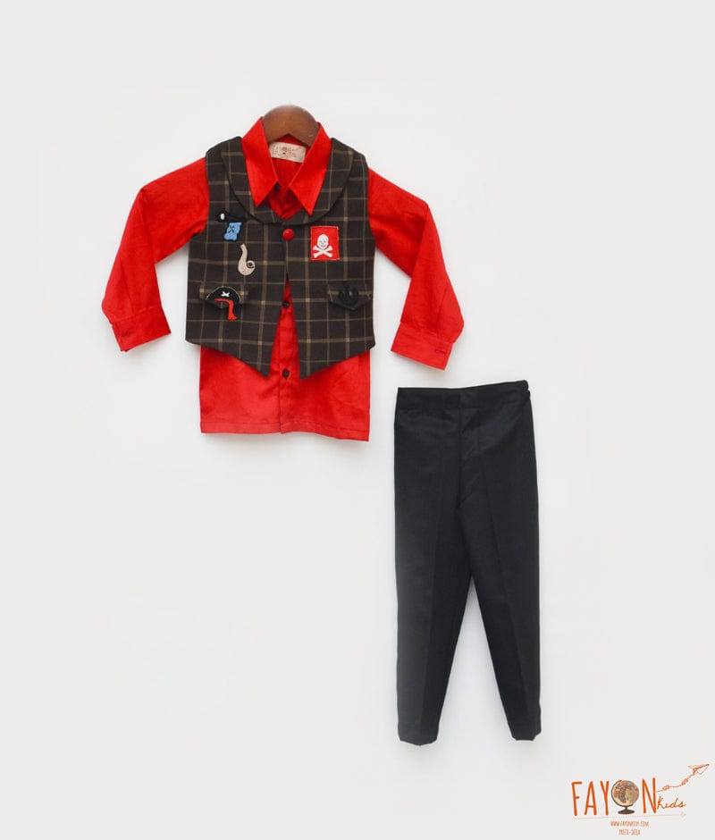 Manufactured by FAYON KIDS (Noida, U.P) Red Shirt with Brown Checks Waist Coat and Pant for Boys