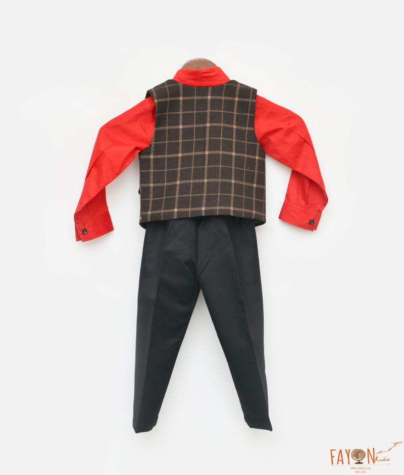 Manufactured by FAYON KIDS (Noida, U.P) Red Shirt with Brown Checks Waist Coat and Pant for Boys