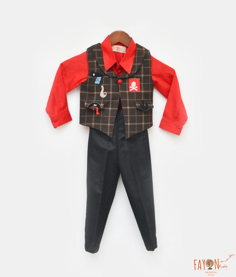 Manufactured by FAYON KIDS (Noida, U.P) Red Shirt with Brown Checks Waist Coat and Pant for Boys