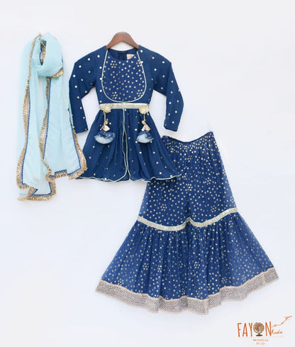 Manufactured by FAYON KIDS (Noida, U.P) Teal Blue Boti Georgette Kurti Sharara for Girls