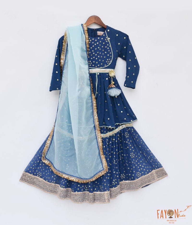 Manufactured by FAYON KIDS (Noida, U.P) Teal Blue Boti Georgette Kurti Sharara for Girls