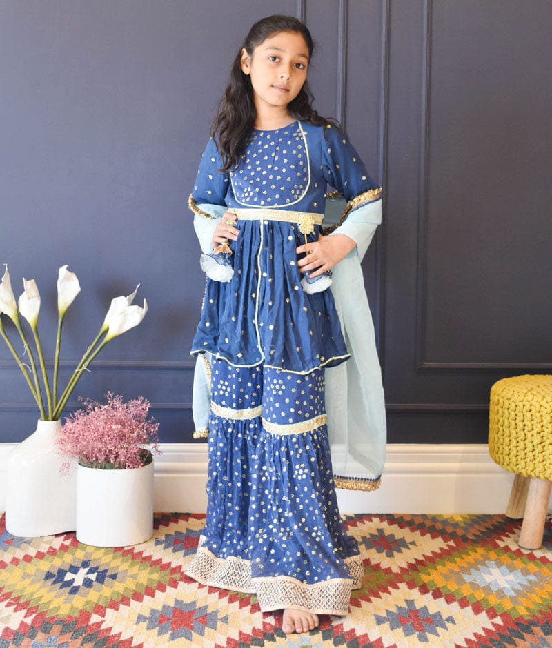 Manufactured by FAYON KIDS (Noida, U.P) Teal Blue Boti Georgette Kurti Sharara for Girls