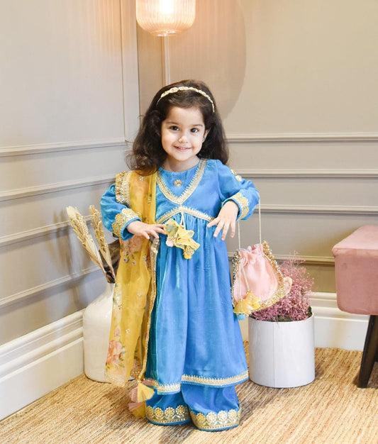 Manufactured by FAYON KIDS (Noida, U.P) Turquoise Blue Velvet Kurti and Plazo Pant for Girls