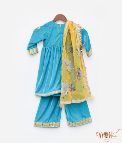Manufactured by FAYON KIDS (Noida, U.P) Turquoise Blue Velvet Kurti and Plazo Pant for Girls