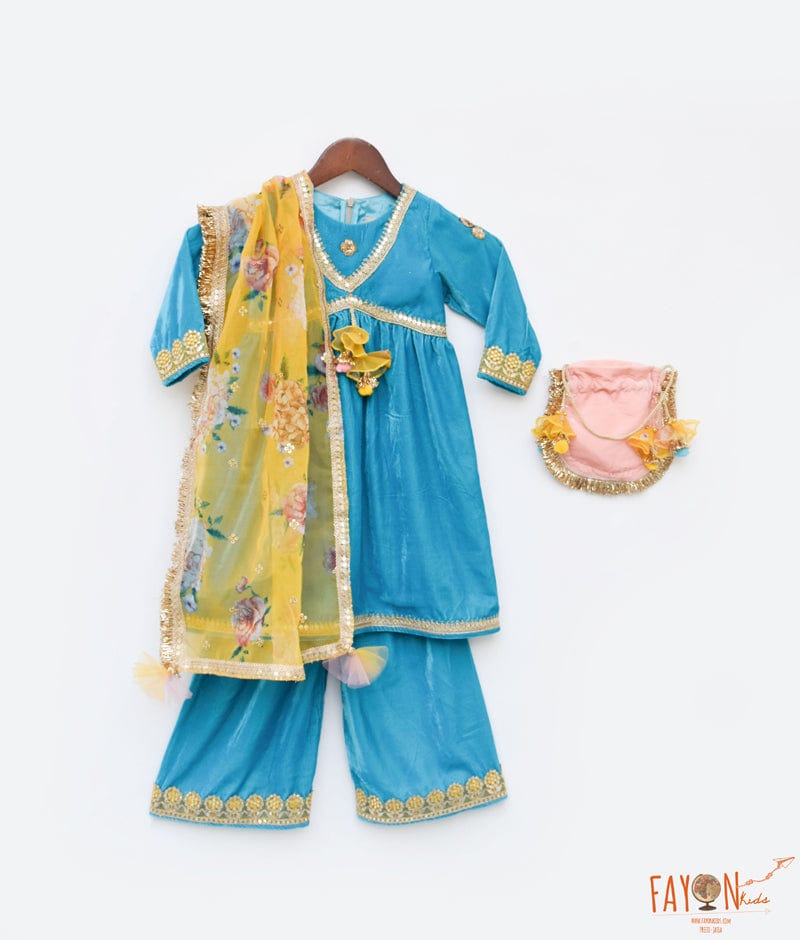Manufactured by FAYON KIDS (Noida, U.P) Turquoise Blue Velvet Kurti and Plazo Pant for Girls