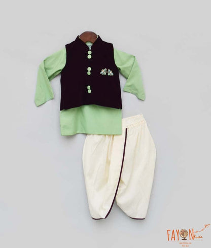 Manufactured by FAYON KIDS (Noida, U.P) Velvet Nehru Jacket Set with Green Kurta for Boys