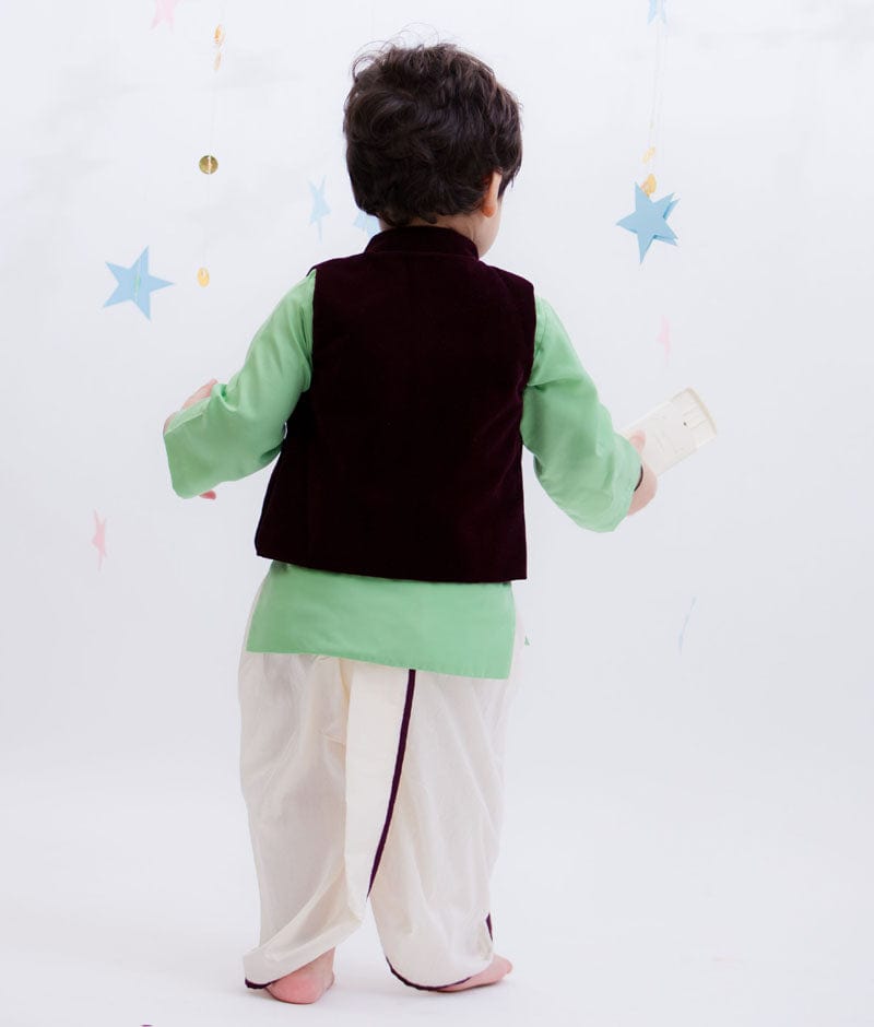 Manufactured by FAYON KIDS (Noida, U.P) Velvet Nehru Jacket Set with Green Kurta for Boys