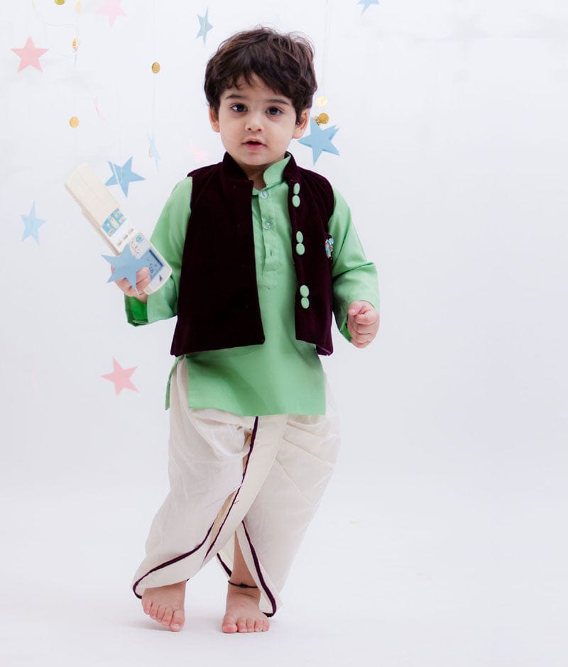 Manufactured by FAYON KIDS (Noida, U.P) Velvet Nehru Jacket Set with Green Kurta for Boys