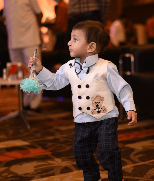 Manufactured by FAYON KIDS (Noida, U.P) White Waist Coat with Blue Shirt and Dark Blue Check Pants for Boys