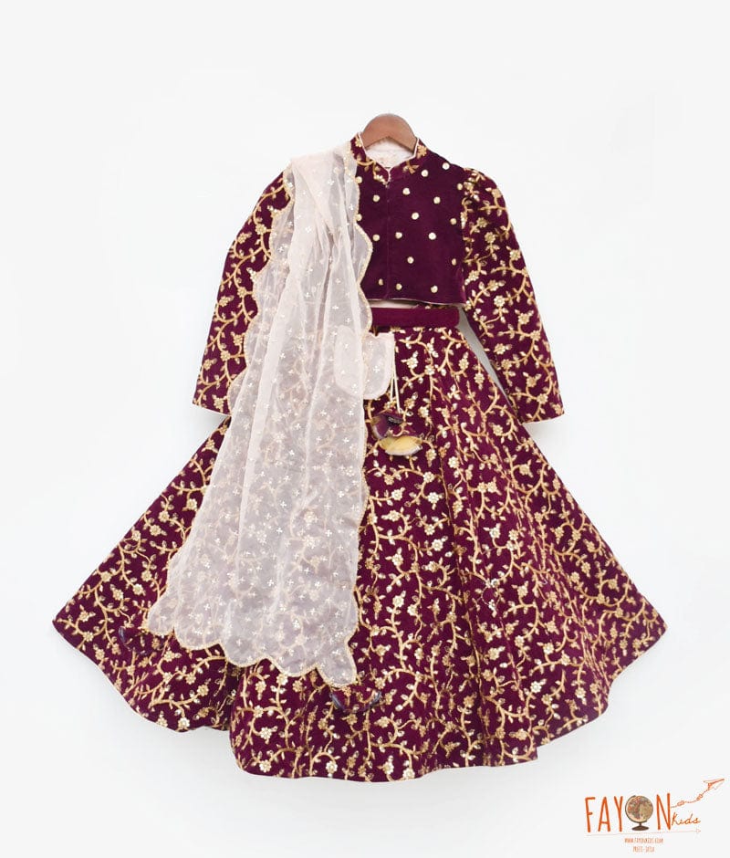 Manufactured by FAYON KIDS (Noida, U.P) Wine Embroidery Velvet Lehenga Choli Set for Girls