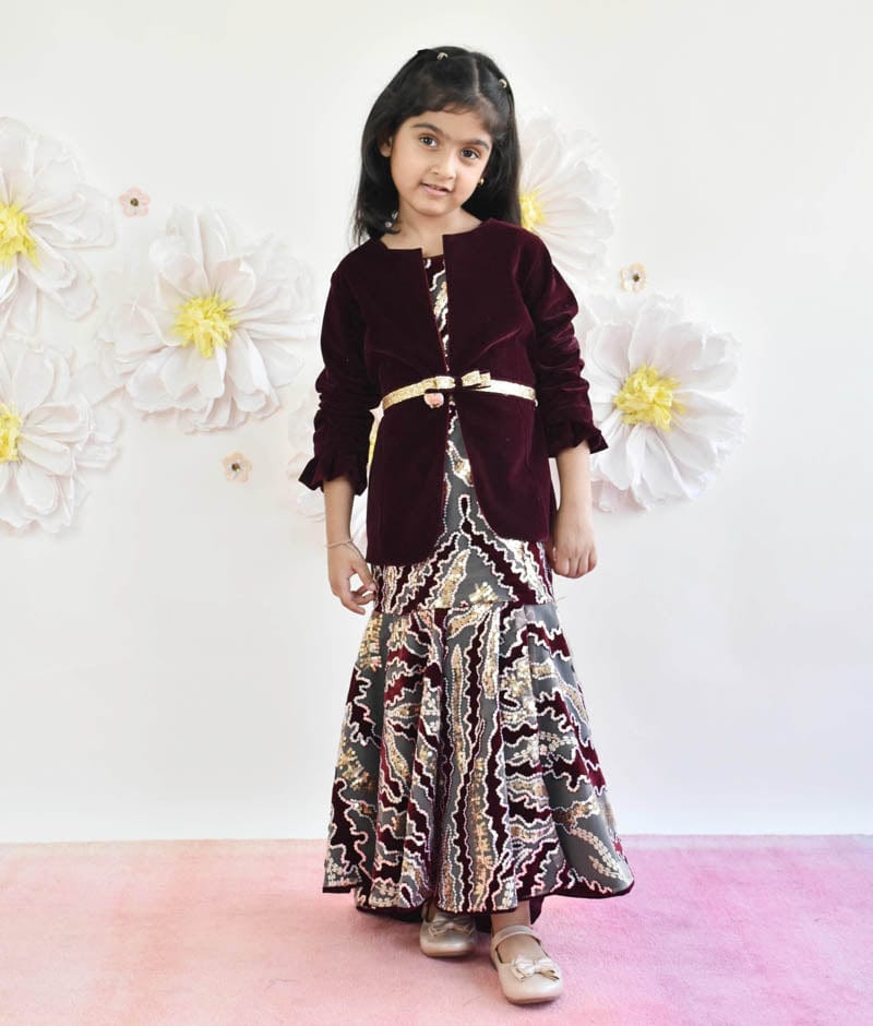 Manufactured by FAYON KIDS (Noida, U.P) Wine Velvet Sequins Embroidery Gown and Jacket for Girls