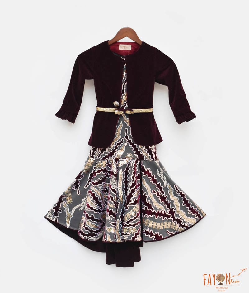 Manufactured by FAYON KIDS (Noida, U.P) Wine Velvet Sequins Embroidery Gown and Jacket for Girls
