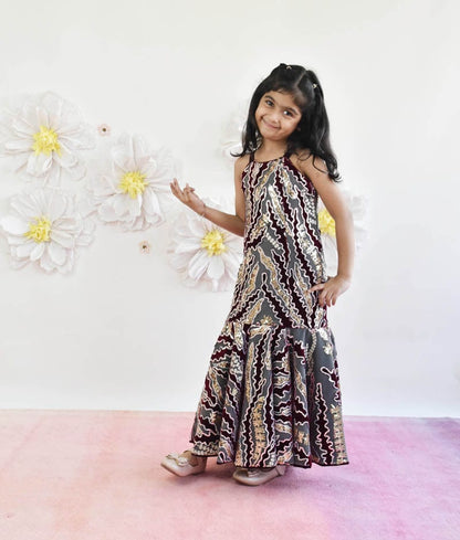 Manufactured by FAYON KIDS (Noida, U.P) Wine Velvet Sequins Embroidery Gown for Girls