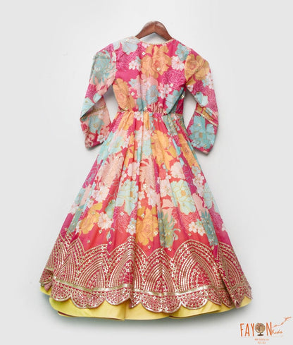 Manufactured by FAYON KIDS (Noida, U.P) Yellow Anarkali with Printed Georgette Jacket for Girls