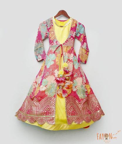 Manufactured by FAYON KIDS (Noida, U.P) Yellow Anarkali with Printed Georgette Jacket for Girls