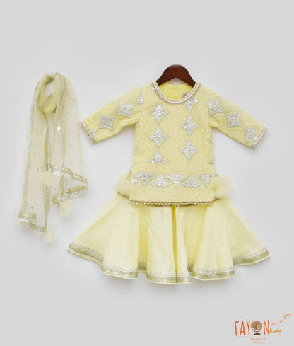 Manufactured by FAYON KIDS (Noida, U.P) Yellow Gota Embroidery Yellow Silk Sharara with Kurti Boti Net Dupatta for Girls
