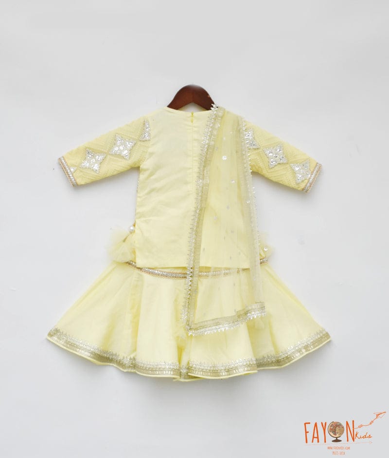 Manufactured by FAYON KIDS (Noida, U.P) Yellow Gota Embroidery Yellow Silk Sharara with Kurti Boti Net Dupatta for Girls