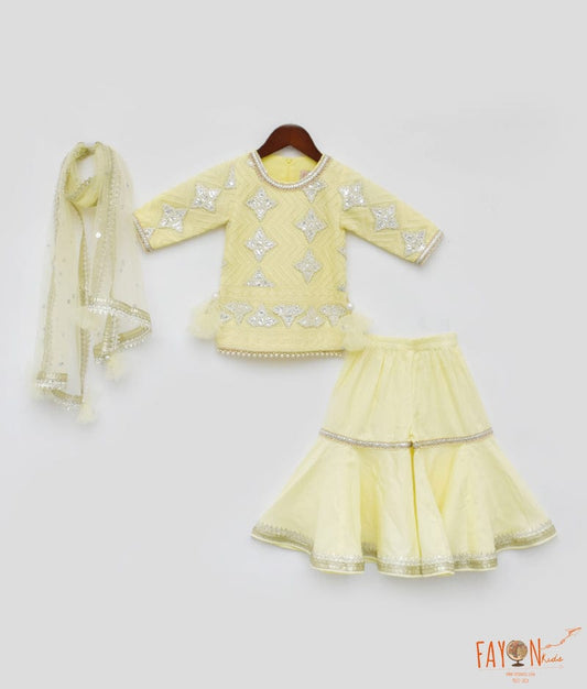 Manufactured by FAYON KIDS (Noida, U.P) Yellow Gota Embroidery Yellow Silk Sharara with Kurti Boti Net Dupatta for Girls