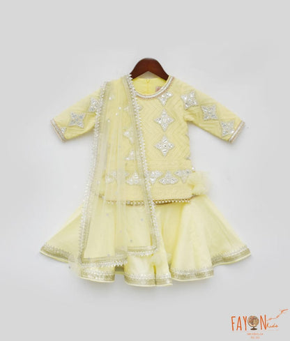 Manufactured by FAYON KIDS (Noida, U.P) Yellow Gota Embroidery Yellow Silk Sharara with Kurti Boti Net Dupatta for Girls