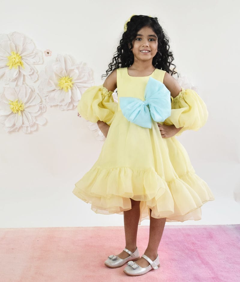 Manufactured by FAYON KIDS (Noida, U.P) Yellow Organza High Low Dress for Girls
