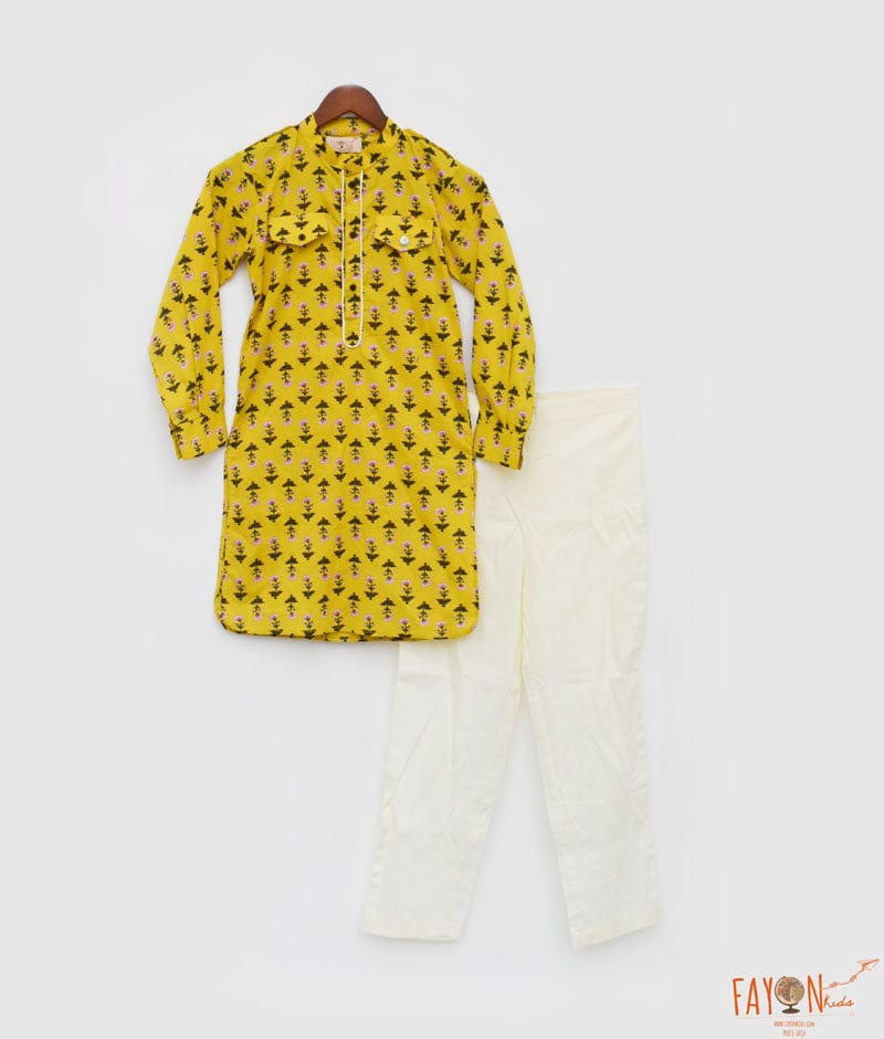 Manufactured by FAYON KIDS (Noida, U.P) Yellow Printed Kurta And Pant Set for Boys