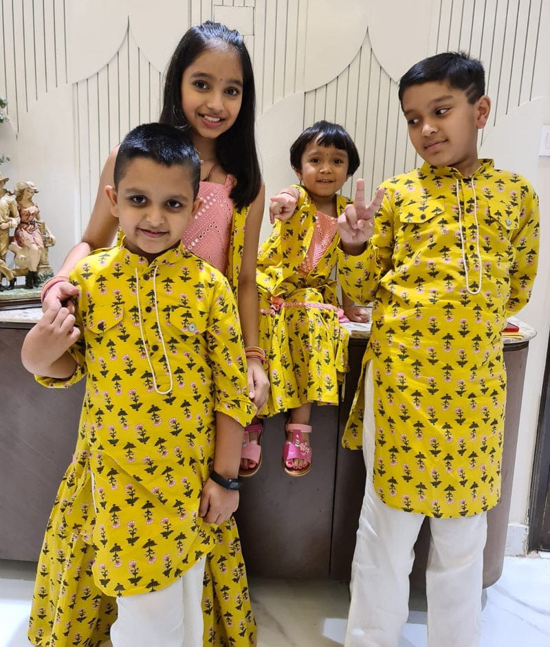 Manufactured by FAYON KIDS (Noida, U.P) Yellow Printed Kurta And Pant Set for Boys