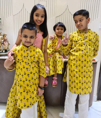 Manufactured by FAYON KIDS (Noida, U.P) Yellow Printed Kurta And Pant Set for Boys