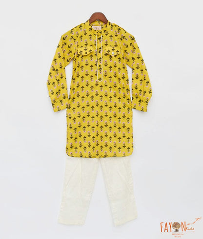Manufactured by FAYON KIDS (Noida, U.P) Yellow Printed Kurta And Pant Set for Boys
