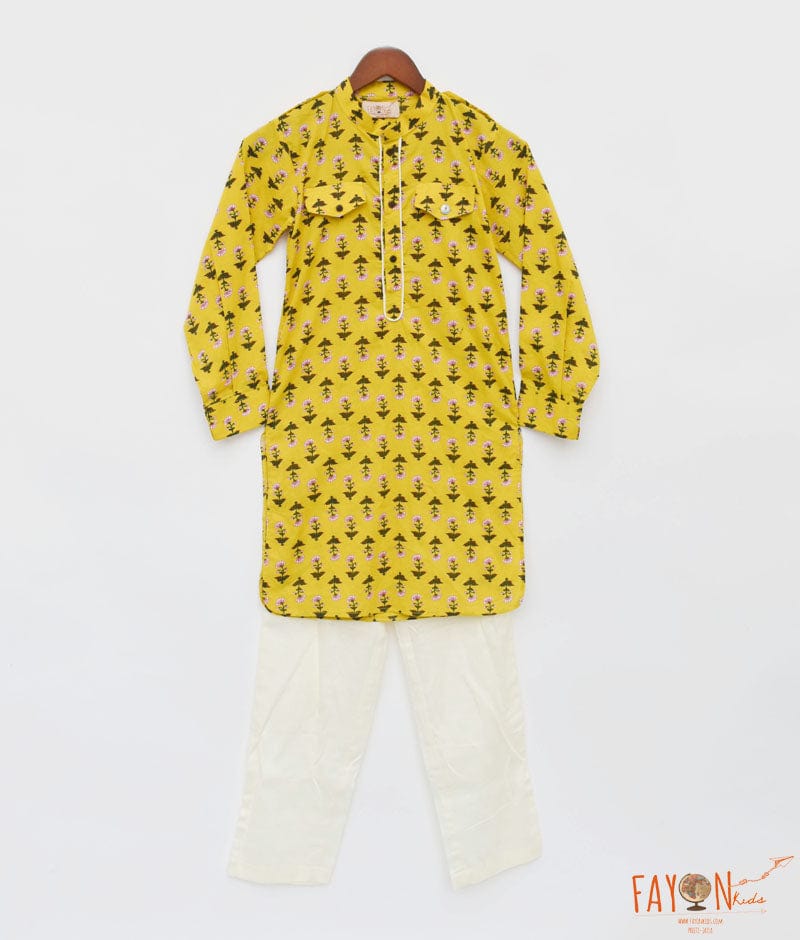 Manufactured by FAYON KIDS (Noida, U.P) Yellow Printed Kurta And Pant Set for Boys