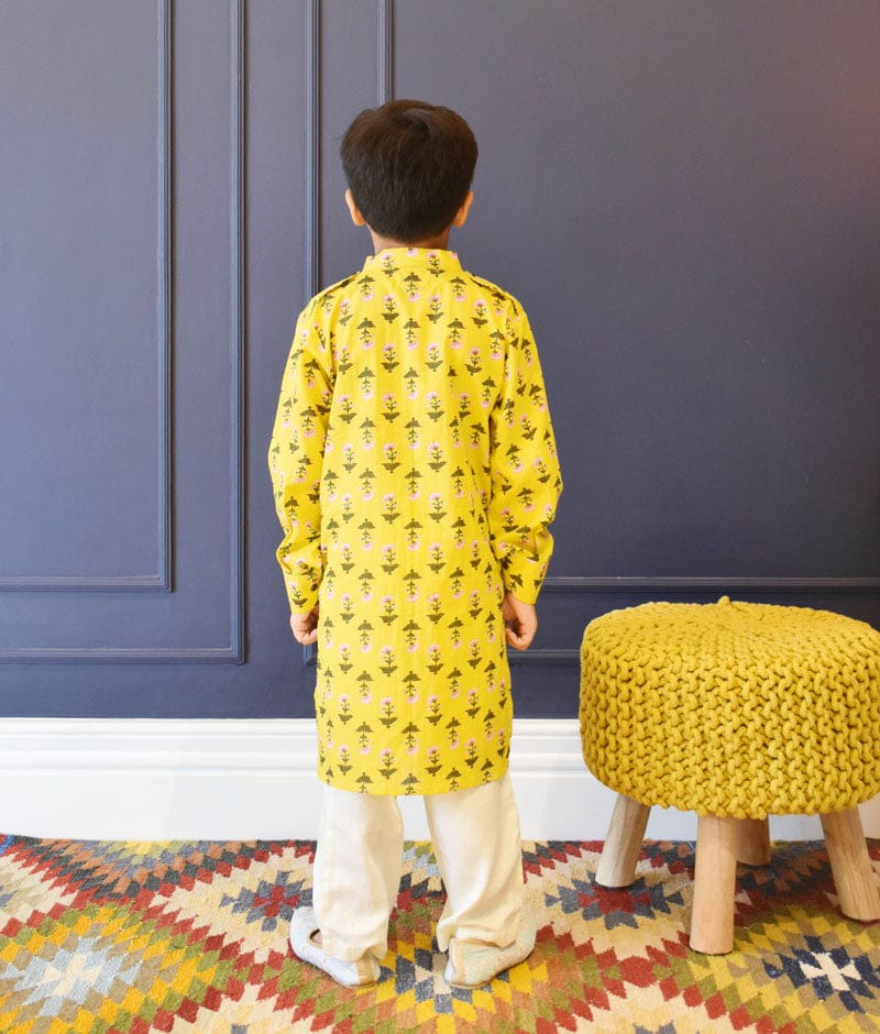 Manufactured by FAYON KIDS (Noida, U.P) Yellow Printed Kurta And Pant Set for Boys