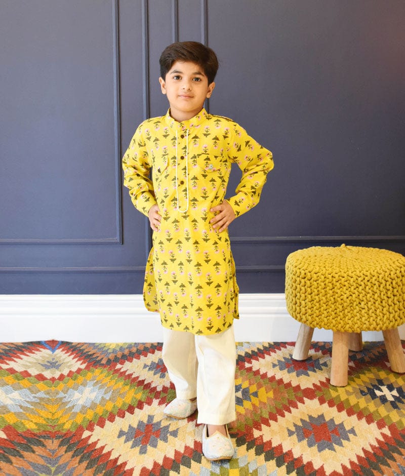 Manufactured by FAYON KIDS (Noida, U.P) Yellow Printed Kurta And Pant Set for Boys