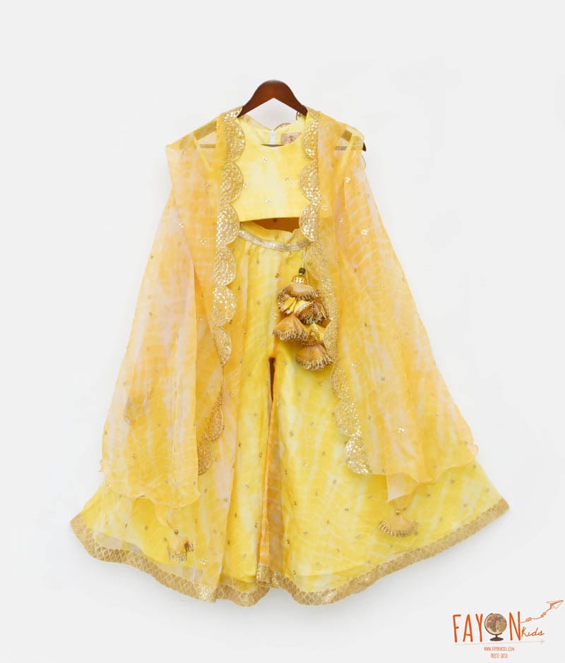 Manufactured by FAYON KIDS (Noida, U.P) Yellow Printed Organza Sharara Top with Cape for Girls