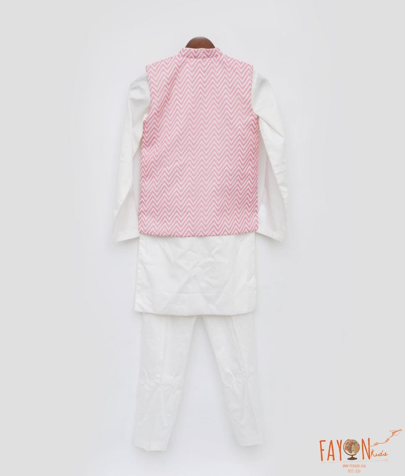 Manufactured by FAYON KIDS (Noida, U.P) Zig Zag Printed Nehru Jacket with White Kurta Pant for Boys