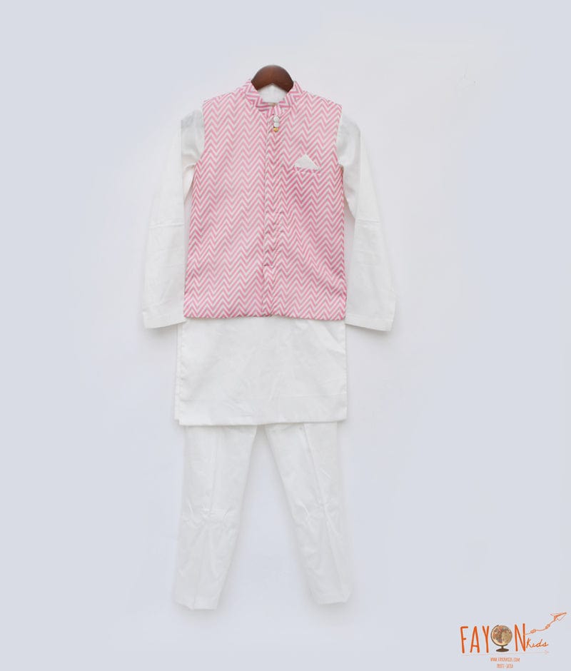 Manufactured by FAYON KIDS (Noida, U.P) Zig Zag Printed Nehru Jacket with White Kurta Pant for Boys